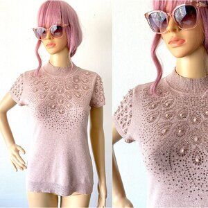 Light Pink Short Sleeve Beaded Faux Pearl Rhinestone Sweater Soft Top Stretchy S